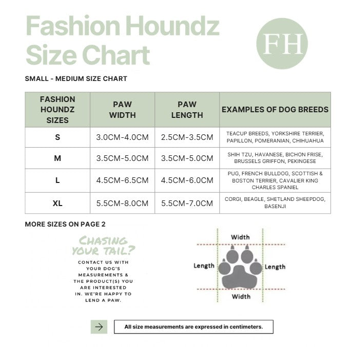 Fashion Houndz size chart for small to medium dog breeds