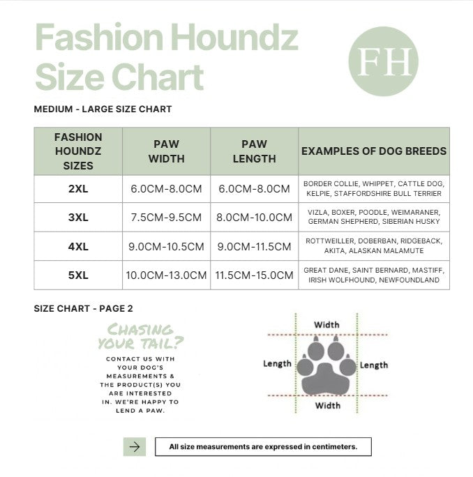 Fashion Houndz size chart for dog clothing with measurements and examples of dog breeds.