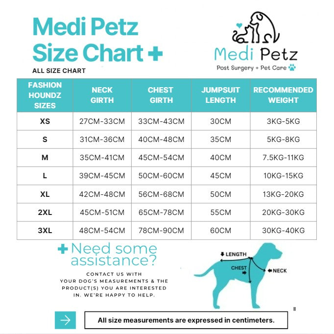 Medi Petz size chart for dog clothing with measurements and recommended weights.