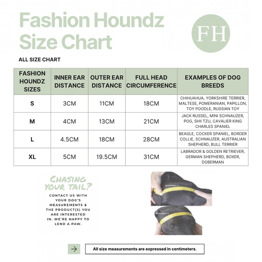 A size chart graphic for a fashion hound size chart, showing a table with sizes S, M, L, and XL, inner ear distance, outer ear distance, full head circumference, and examples of dog breeds. The bottom features a photo of a dog wearing a collar and text that says 'Chasing Your Tail?'.