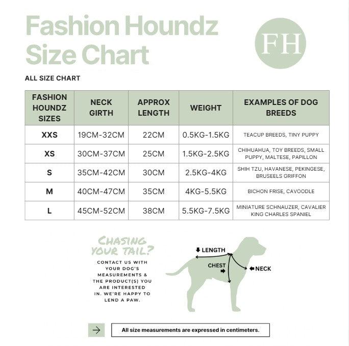Fashion Houndz size chart for dog clothing with measurements and examples of dog breeds.