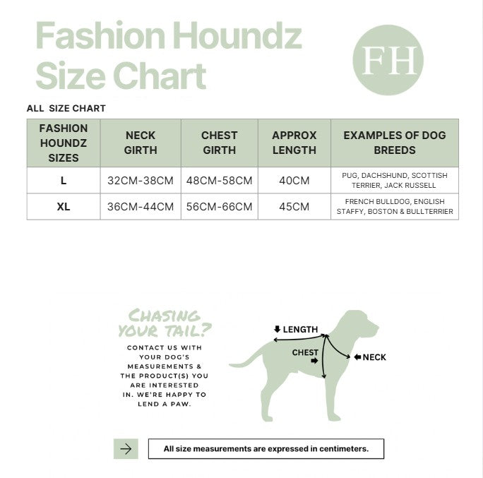 Fashion Houndz size chart for dog clothing with measurements and examples of dog breeds.