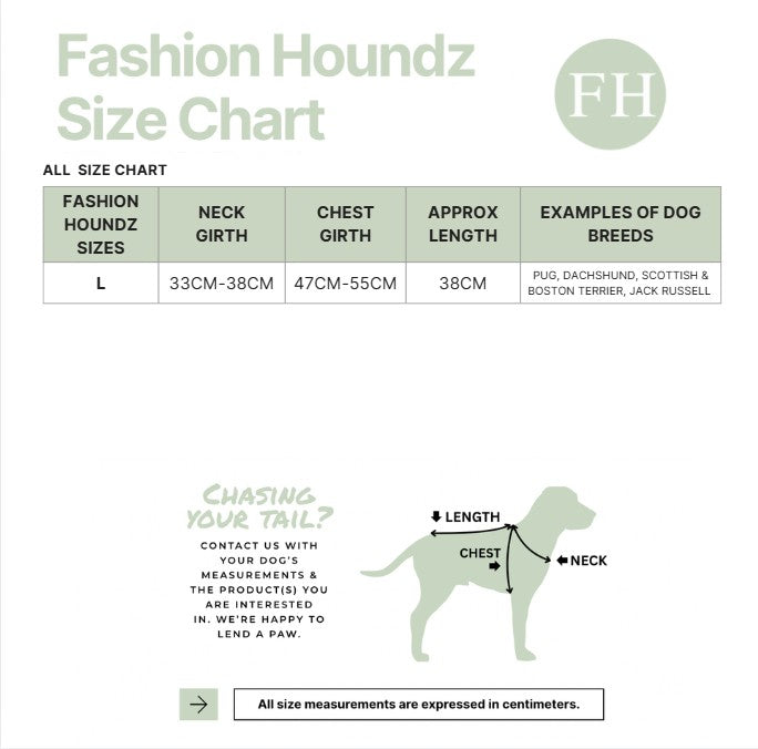 Fashion Houndz size chart for dog clothing with measurements and examples of dog breeds.