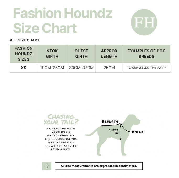 Fashion Houndz size chart for dog clothing with measurements and examples of dog breeds.
