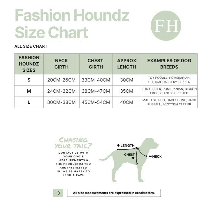 Fashion Houndz size chart for dog clothing with measurements and examples of dog breeds.