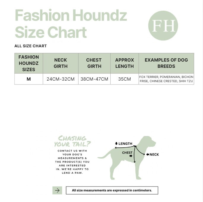 Fashion Houndz size chart for dog clothing with measurements and examples of dog breeds.