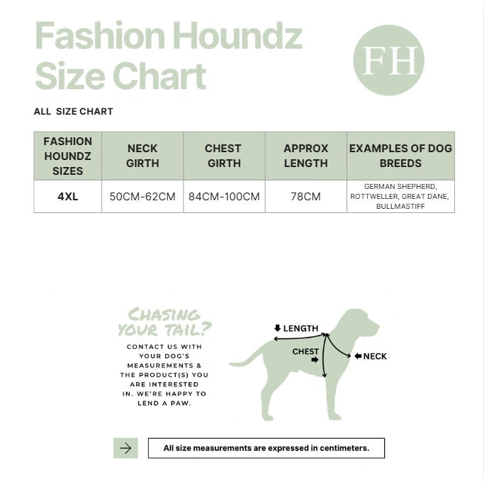Fashion Houndz size chart for dog clothing with measurements and examples of dog breeds.