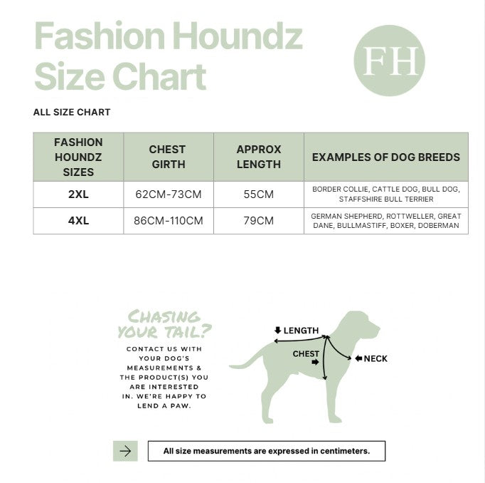 Fashion Houndz size chart for dog clothing with measurements and examples of dog breeds.
