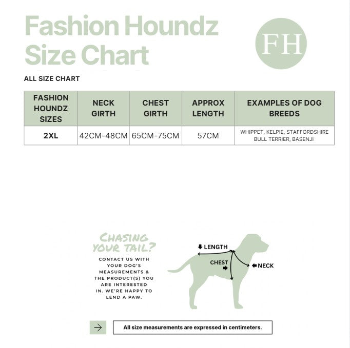 Fashion Houndz size chart for dog clothing with measurements and examples of dog breeds.