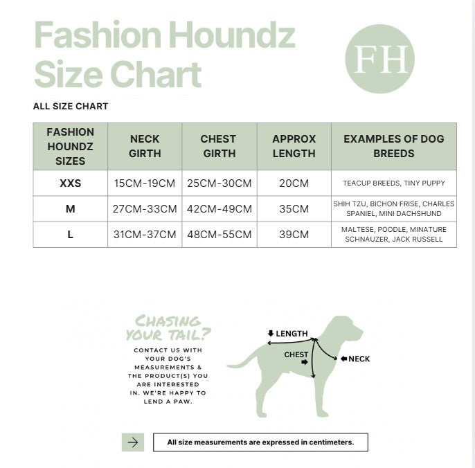 Fashion Houndz size chart for dog clothing with measurements and examples of dog breeds.