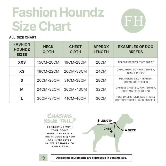 Fashion Houndz size chart for dog clothing with measurements and examples of dog breeds.