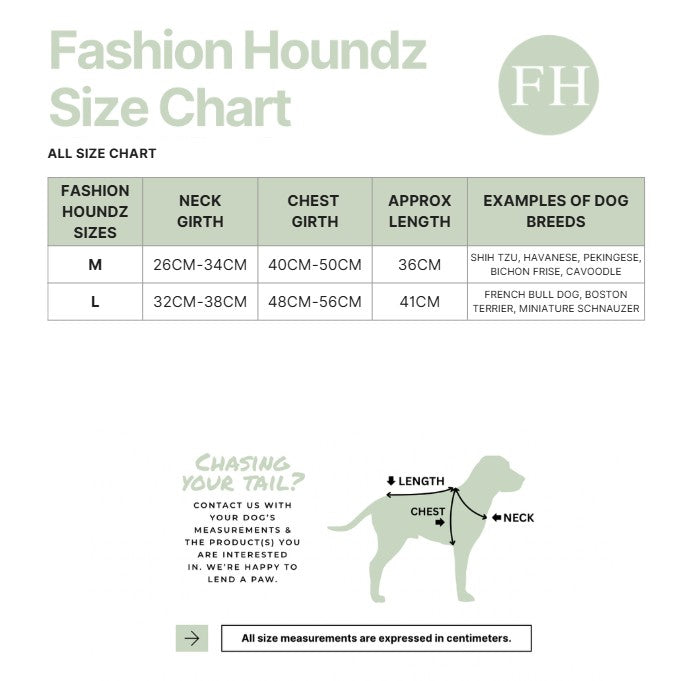 Fashion Houndz size chart for dog clothing with measurements and examples of dog breeds.