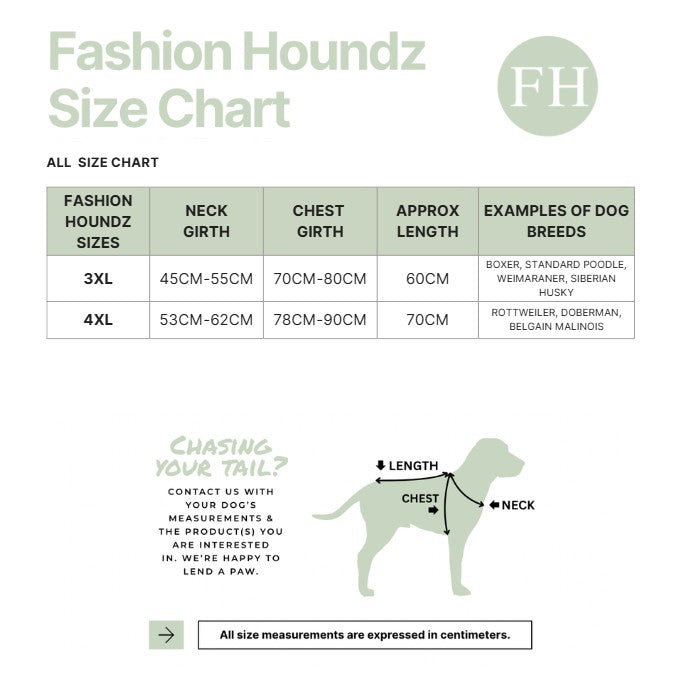 Fashion Houndz size chart for dog clothing with measurements and examples of dog breeds.