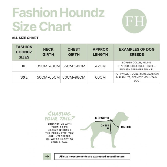 Fashion Houndz size chart for dog clothing with measurements and examples of dog breeds.