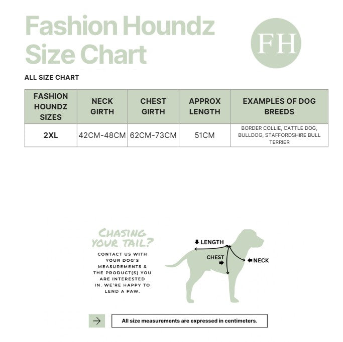 Fashion Houndz size chart for dog clothing with measurements and examples of dog breeds.
