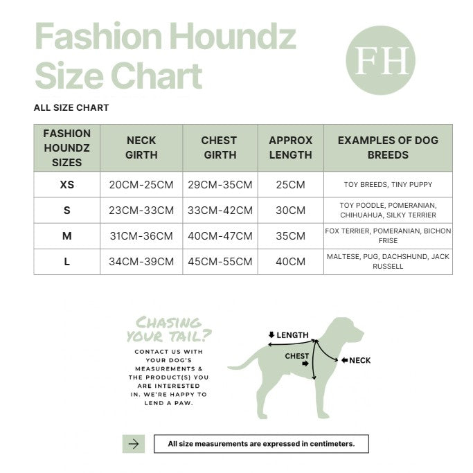 Fashion Houndz size chart for dog clothing with measurements and examples of dog breeds.
