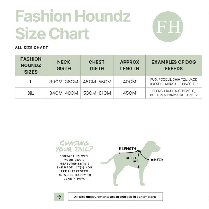 Fashion Houndz size chart for dog clothing with measurements and examples of dog breeds.