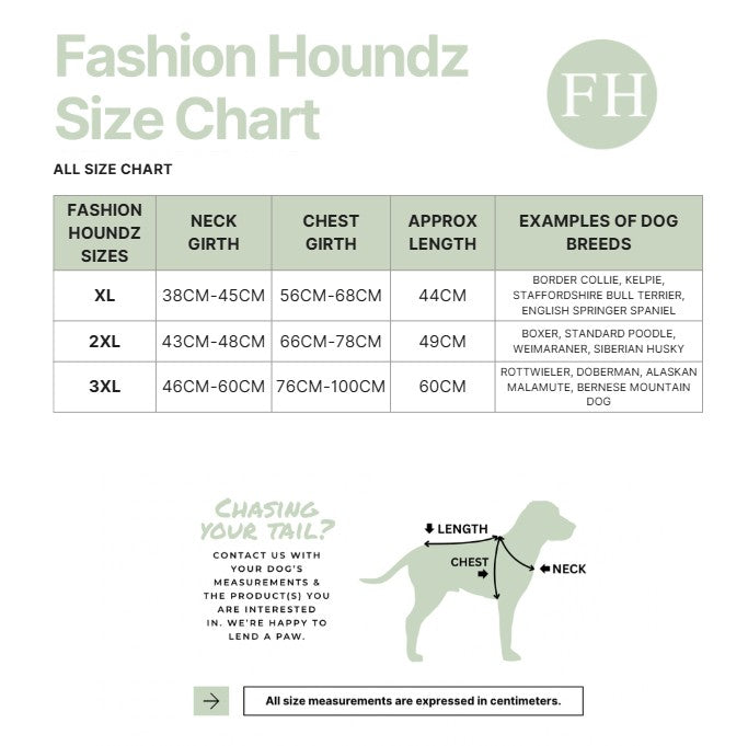Fashion Houndz size chart for dog clothing with measurements and examples of dog breeds.