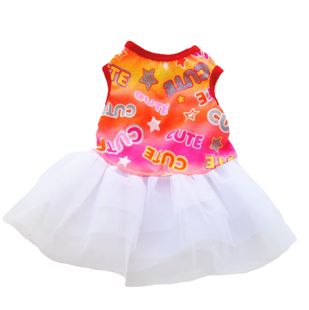 Colorful pet dress with 'Cute' text and white skirt on a white background