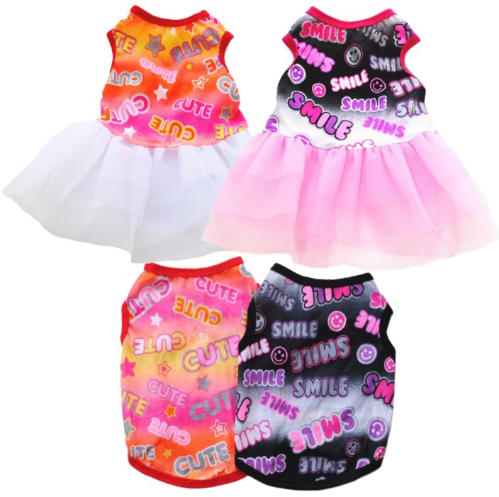Four colorful pet dresses with text and patterns on a white background