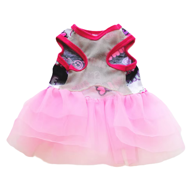 Pink pet dress with mesh back and tutu skirt on a white background