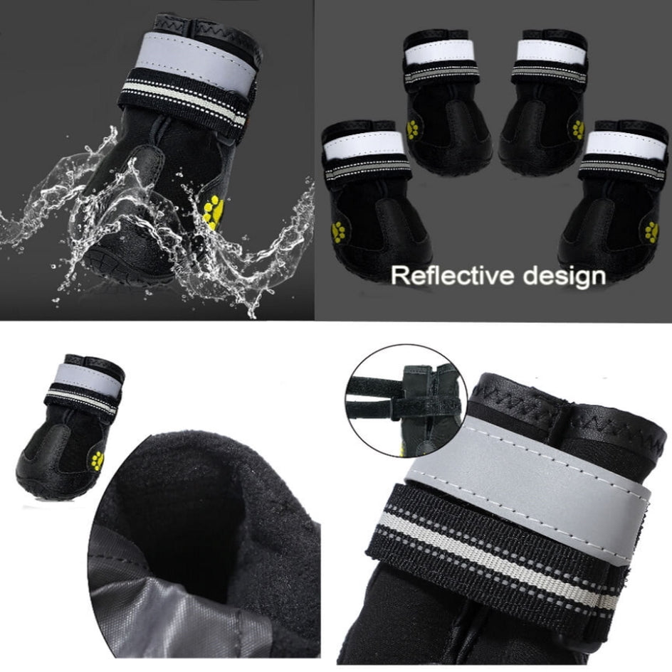 Black dog boots with reflective design and water resistance feature on a gray background.