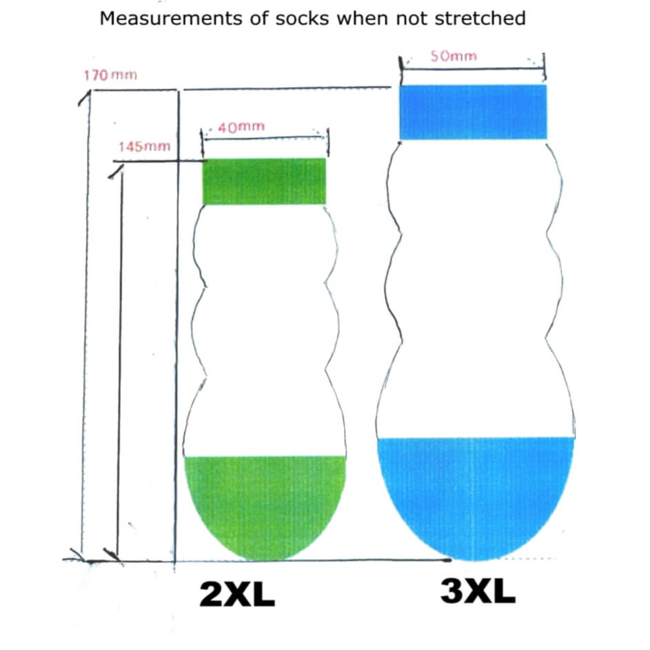 Measurement chart of socks when not stretched, showing sizes 2XL and 3XL with dimensions.