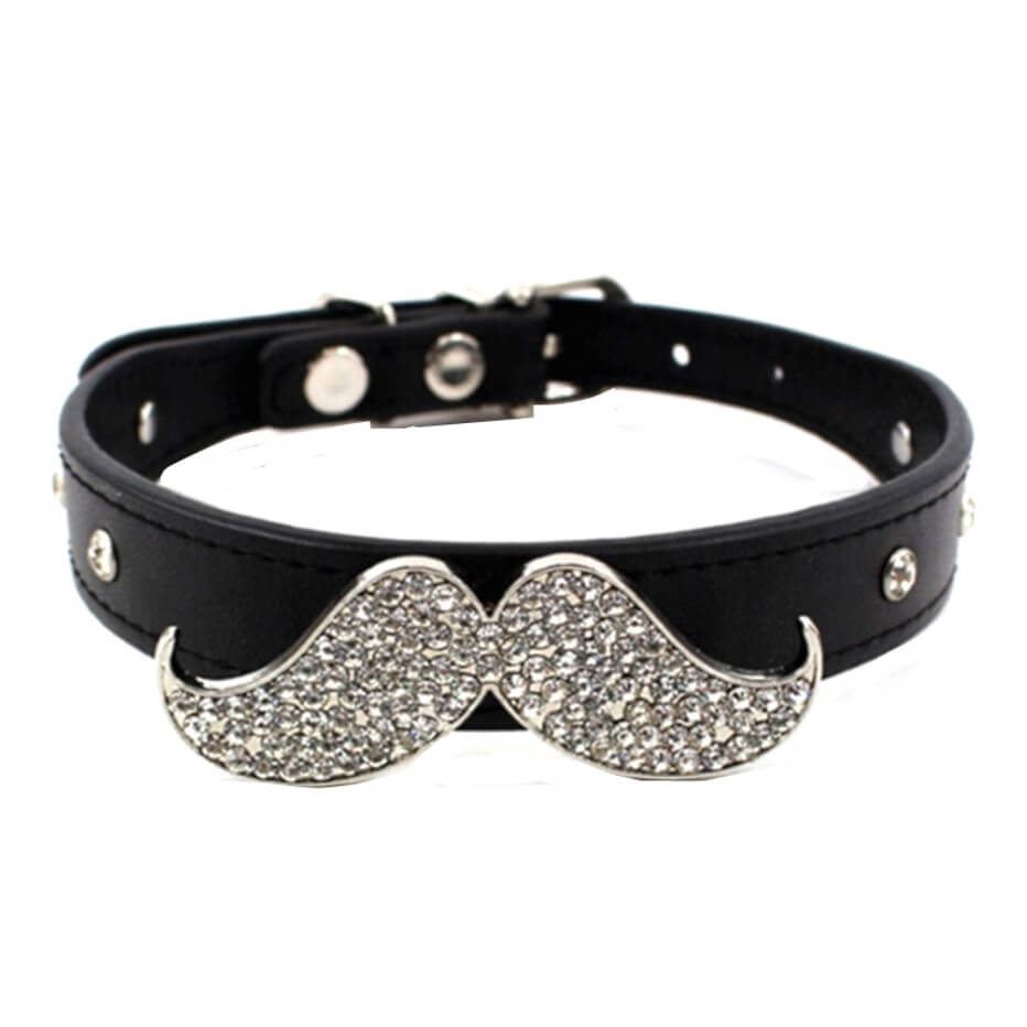 Black leather choker with a decorative mustache charm on a white background