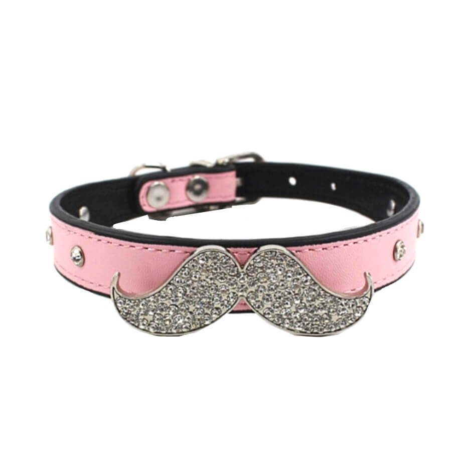 Pink dog collar with a decorative mustache design on a white background