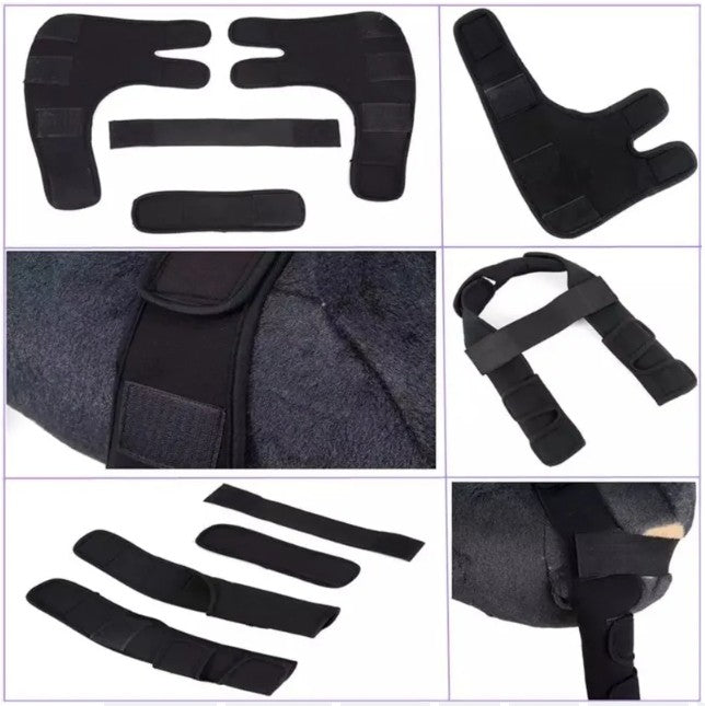 Collage of black straps and padding on a white background