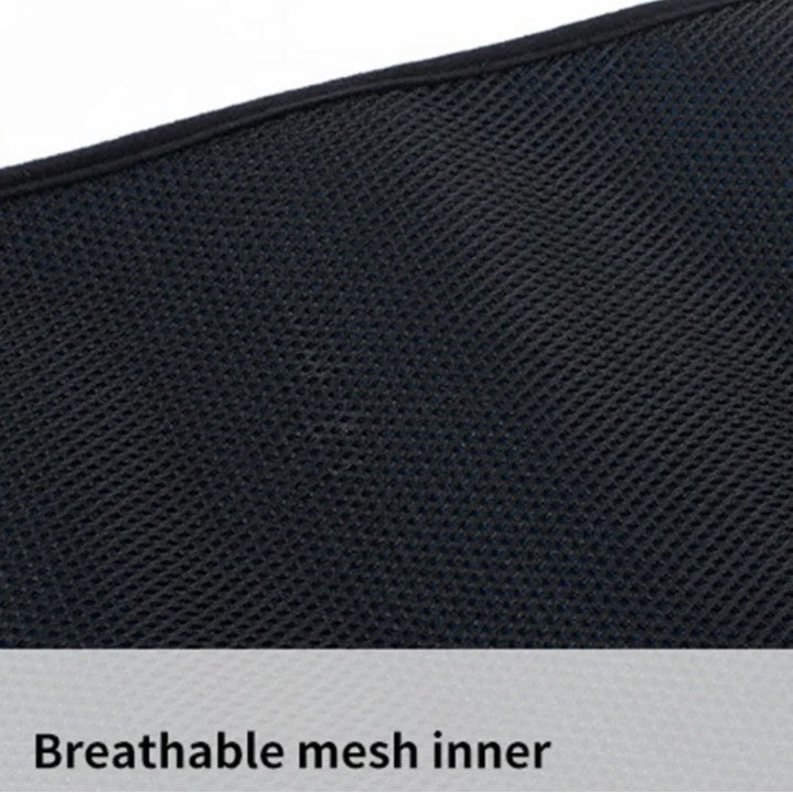 Close-up of breathable mesh material with text 'Breathable mesh inner' on a gray background