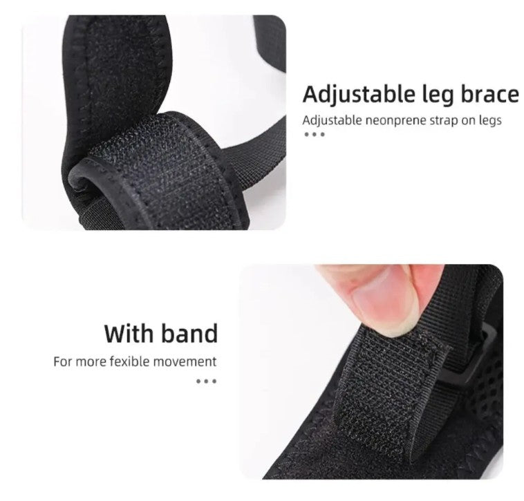 Adjustable leg brace with neonprene strap and band on a white background