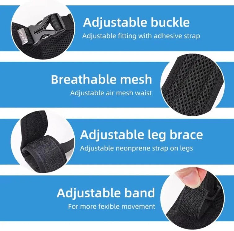Product features with adjustable buckle, breathable mesh, leg brace, and band on a blue background.