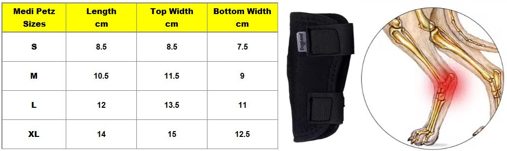 Dog short leg knee support single size chart