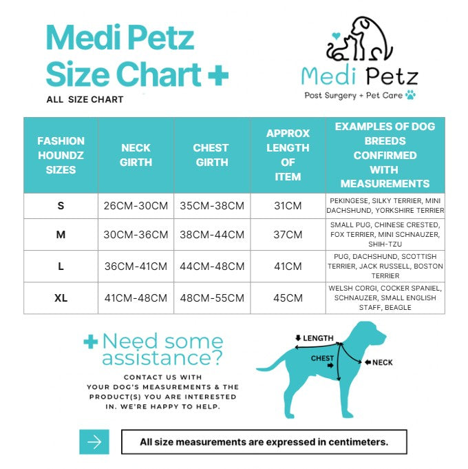 Medi Petz size chart for dog fashion products with measurements and examples of dog breeds.