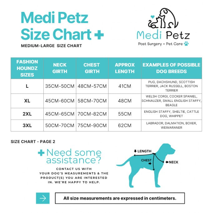 Medi Petz size chart for medium-large dog breeds with measurements and examples.