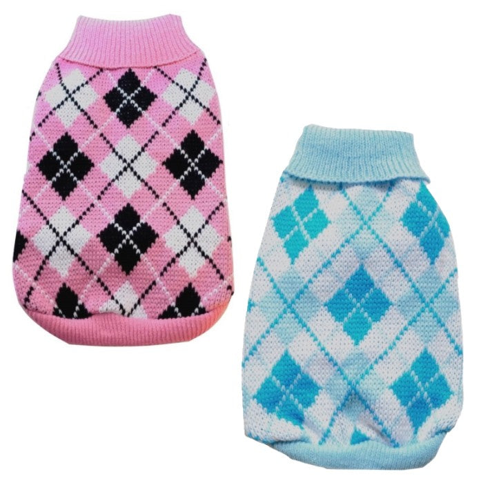 Two argyle-patterned dog sweaters, one pink and black, one blue and white, on a white background.