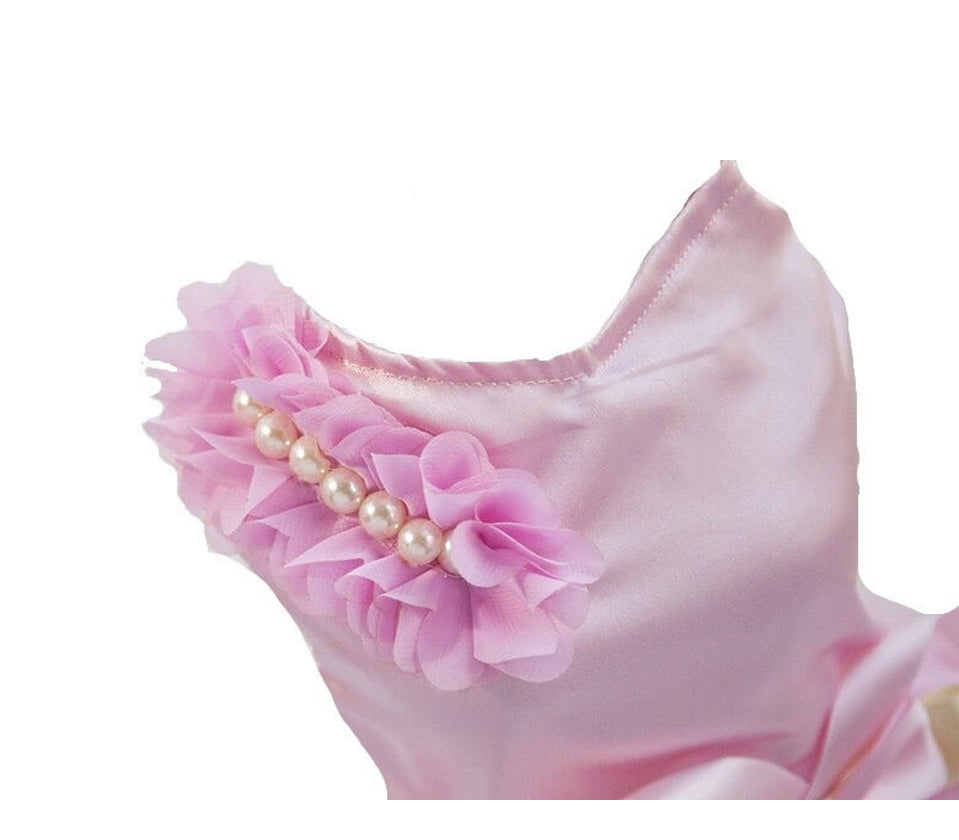 Pink dog dress closeup with floral details and pearls on a white background