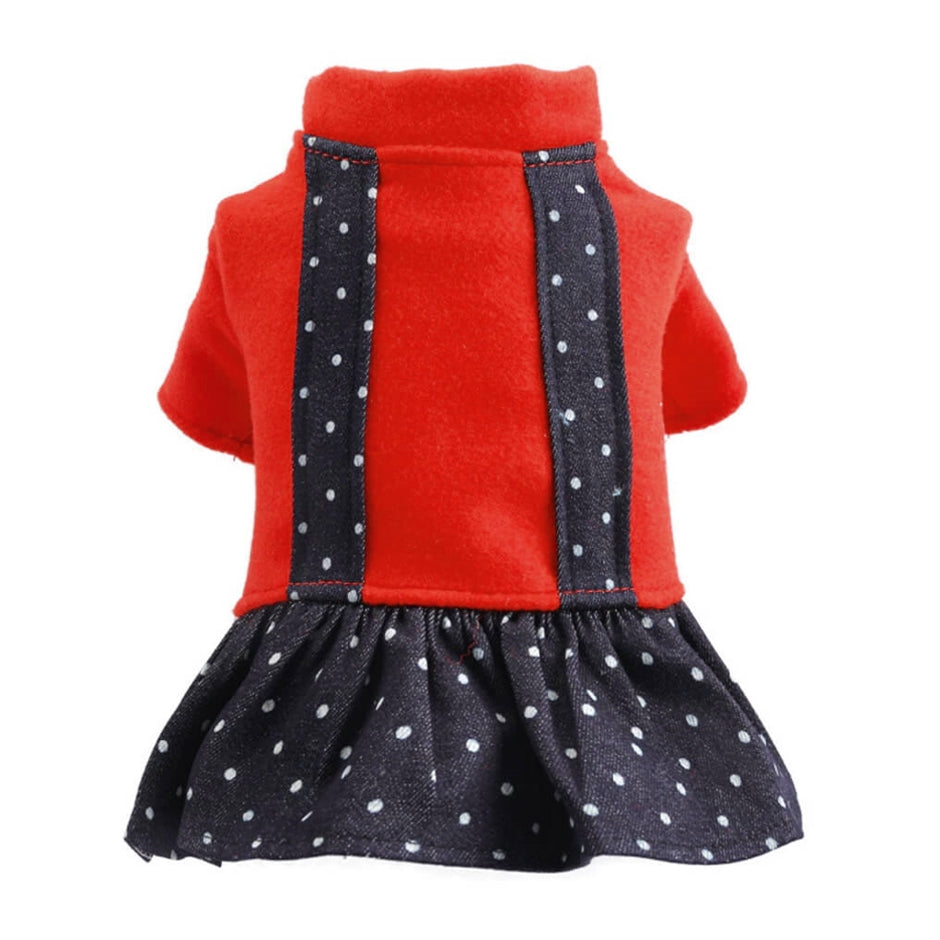 Red and black polka dot dress with suspenders on a white background