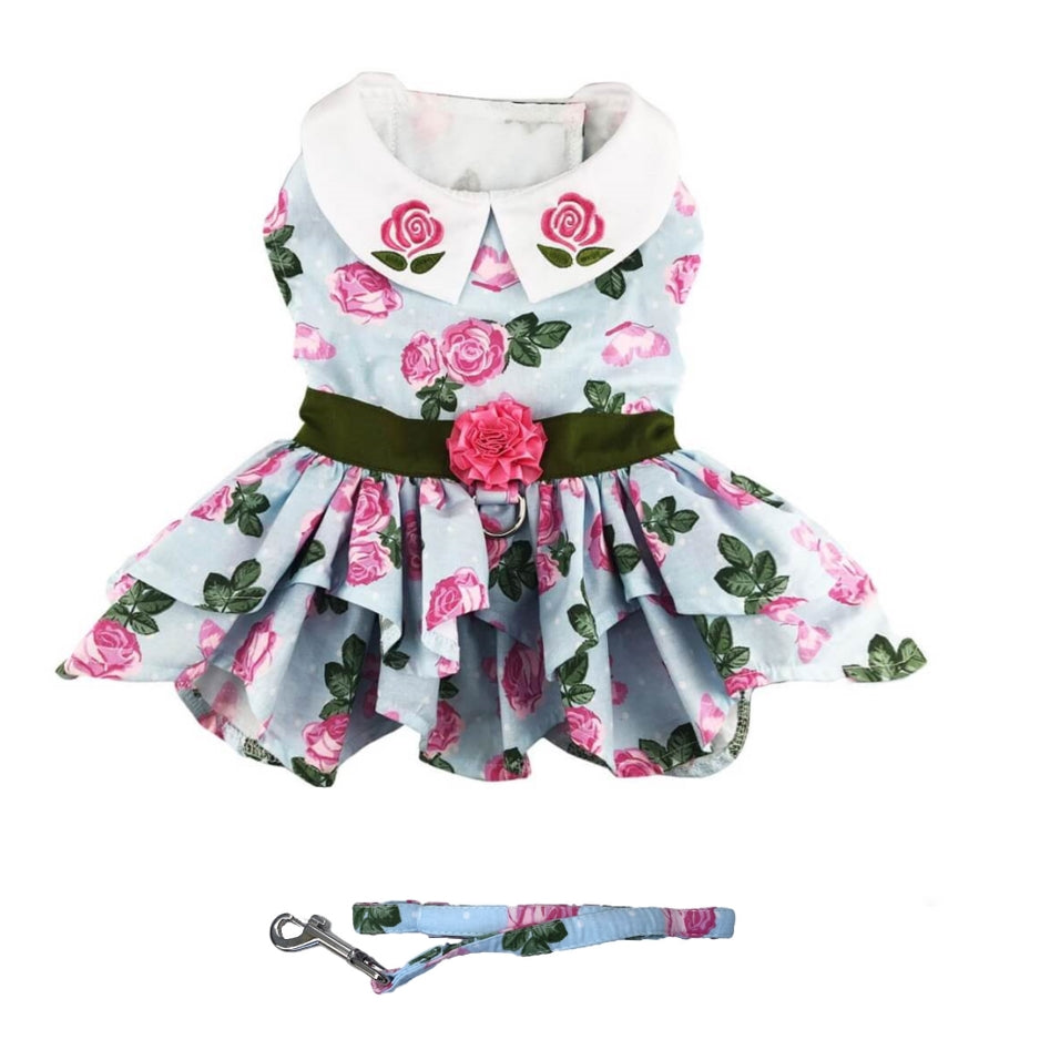 Floral dog dress with a matching leash on a white background