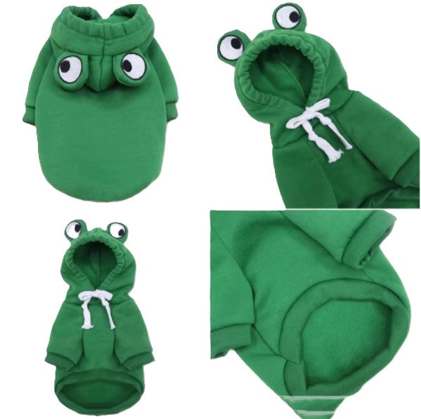 Green frog-themed hoodie with googly eyes on a white background