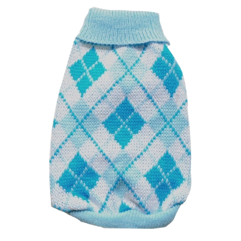 Blue and white argyle patterned dog sweater on a white background