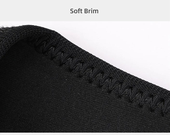 Close-up of a black brim with 'Soft Brim' text on a white background