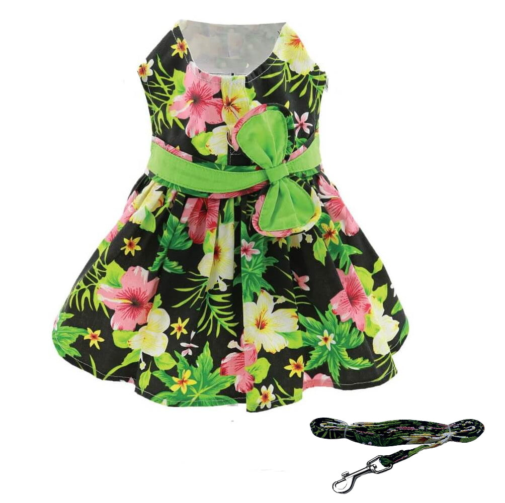 Dress Black Hawaiian Hibiscus with Matching Lead
