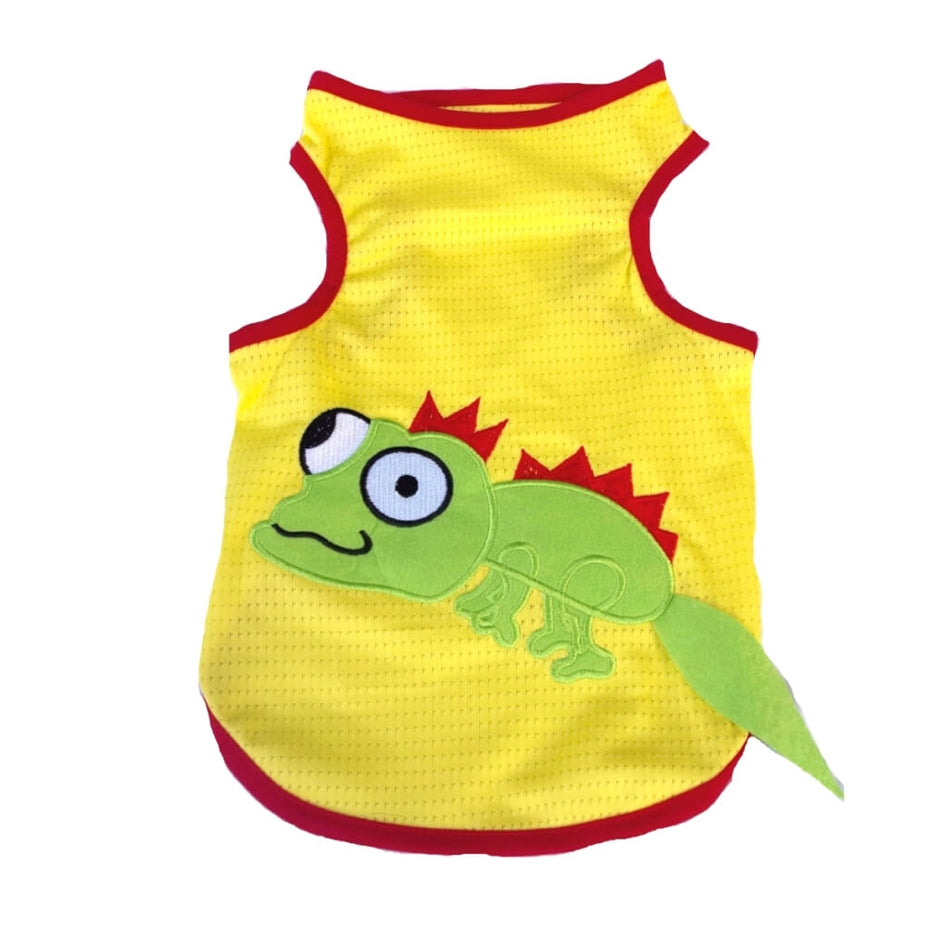 Yellow pet vest with green lizard design on a white background