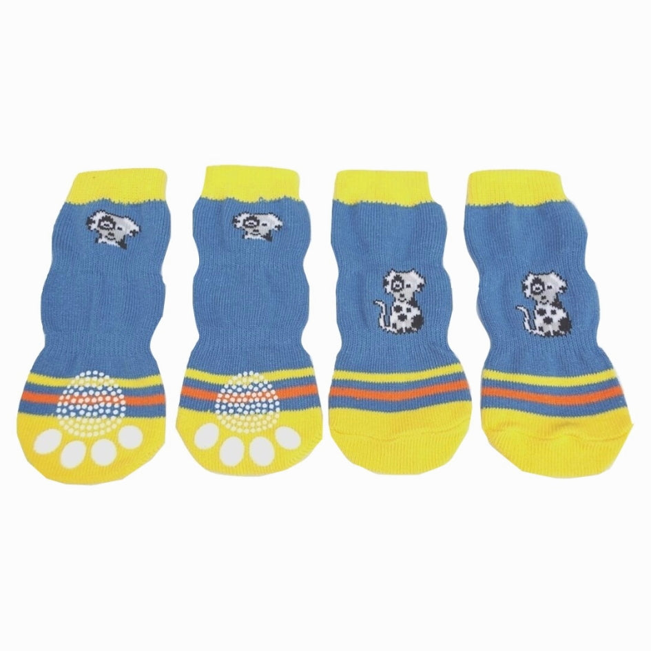 Set of four blue pet socks with yellow accents and paw prints on a white background