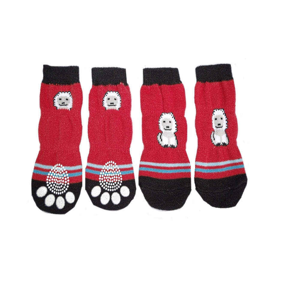 Four red pet socks with black soles and paw prints on a white background