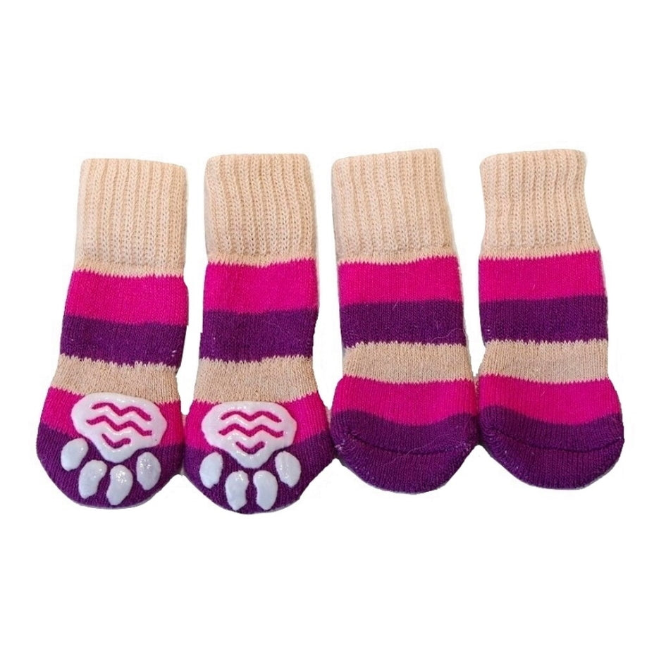 Four striped pet socks with paw prints on a white background