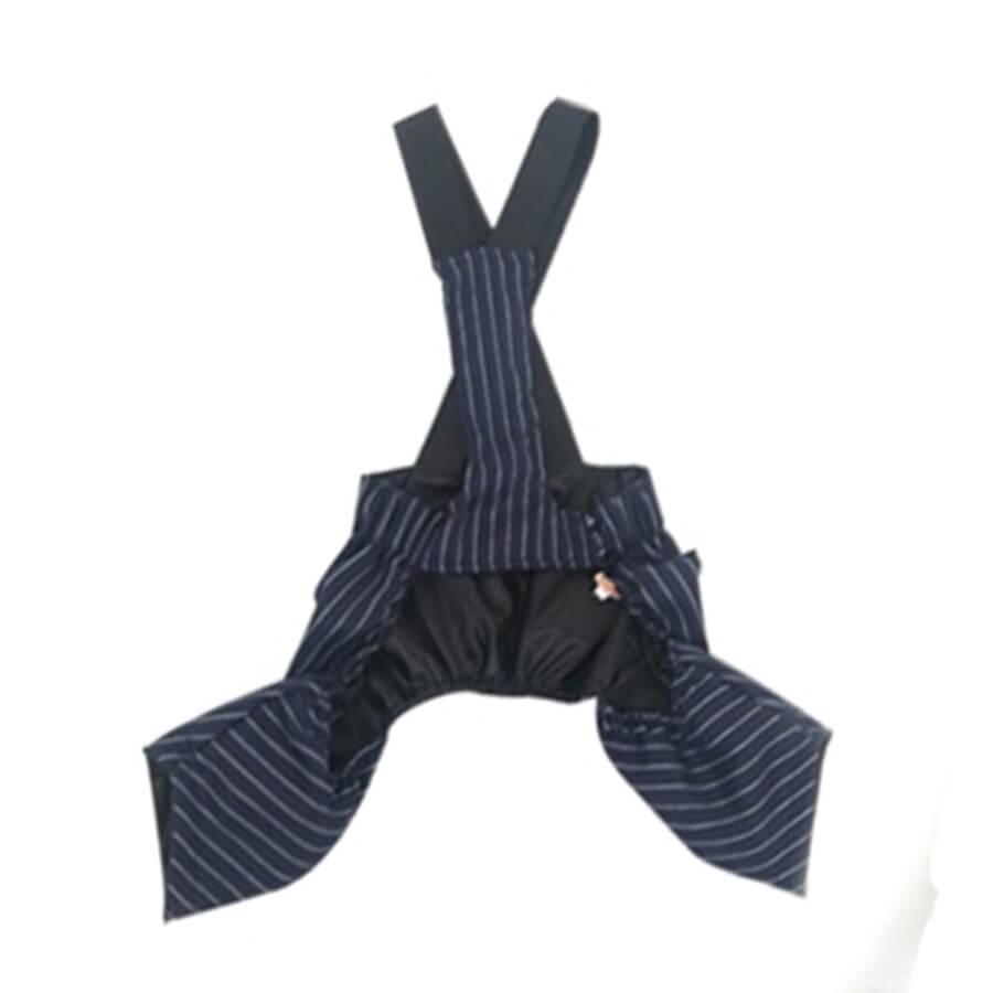 Navy blue striped romper with suspenders on a white background