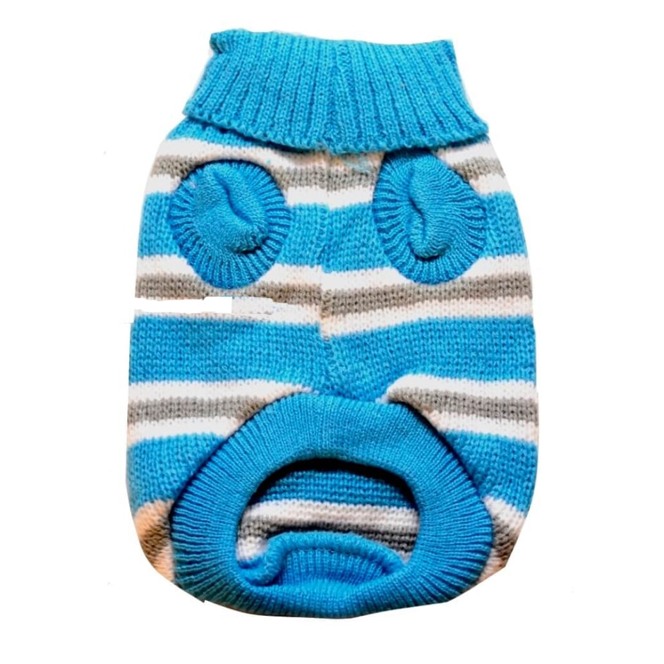 Blue and gray striped knitted dog sweater on a white background